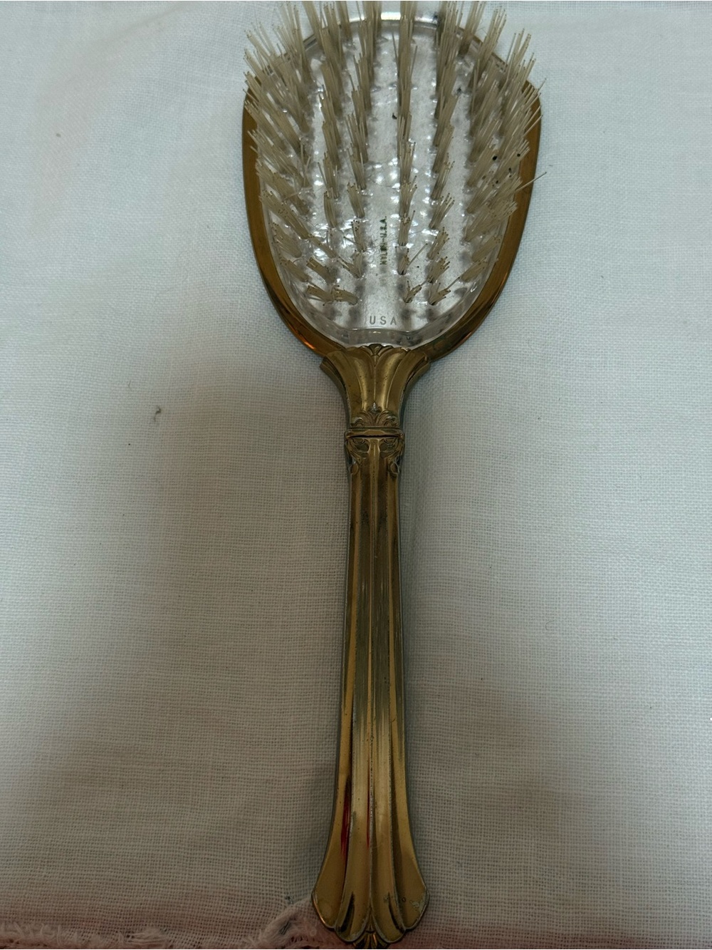 Vintage Hairbrush Gold-Tone Handle Patterned Cracked Back Made in USA